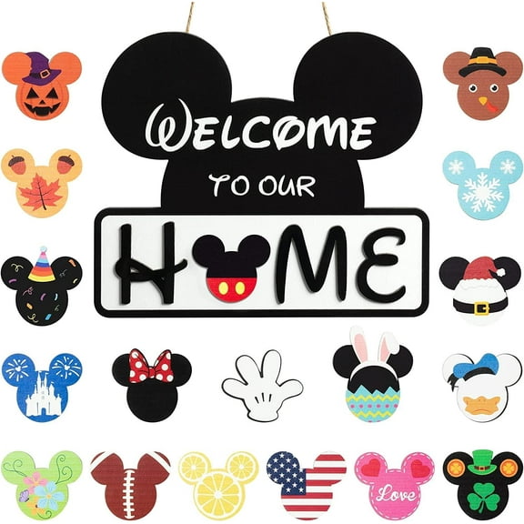 19Pcs Cute Mouse Interchangeable Seasonal Welcome Door Sign for Front Door Decor, Welcome to Our Home Sign with Interchangeable Holiday Pieces for Farmhouse/Wall/Porch Decor and Housewarming
