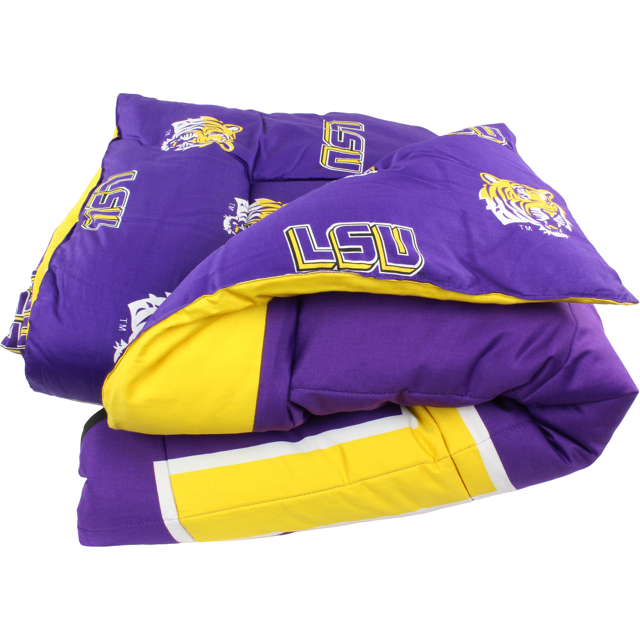 LSU Tigers 3 Pc Reversible Cotton Comforter Set, 1 Comforter, 2 Shams, King