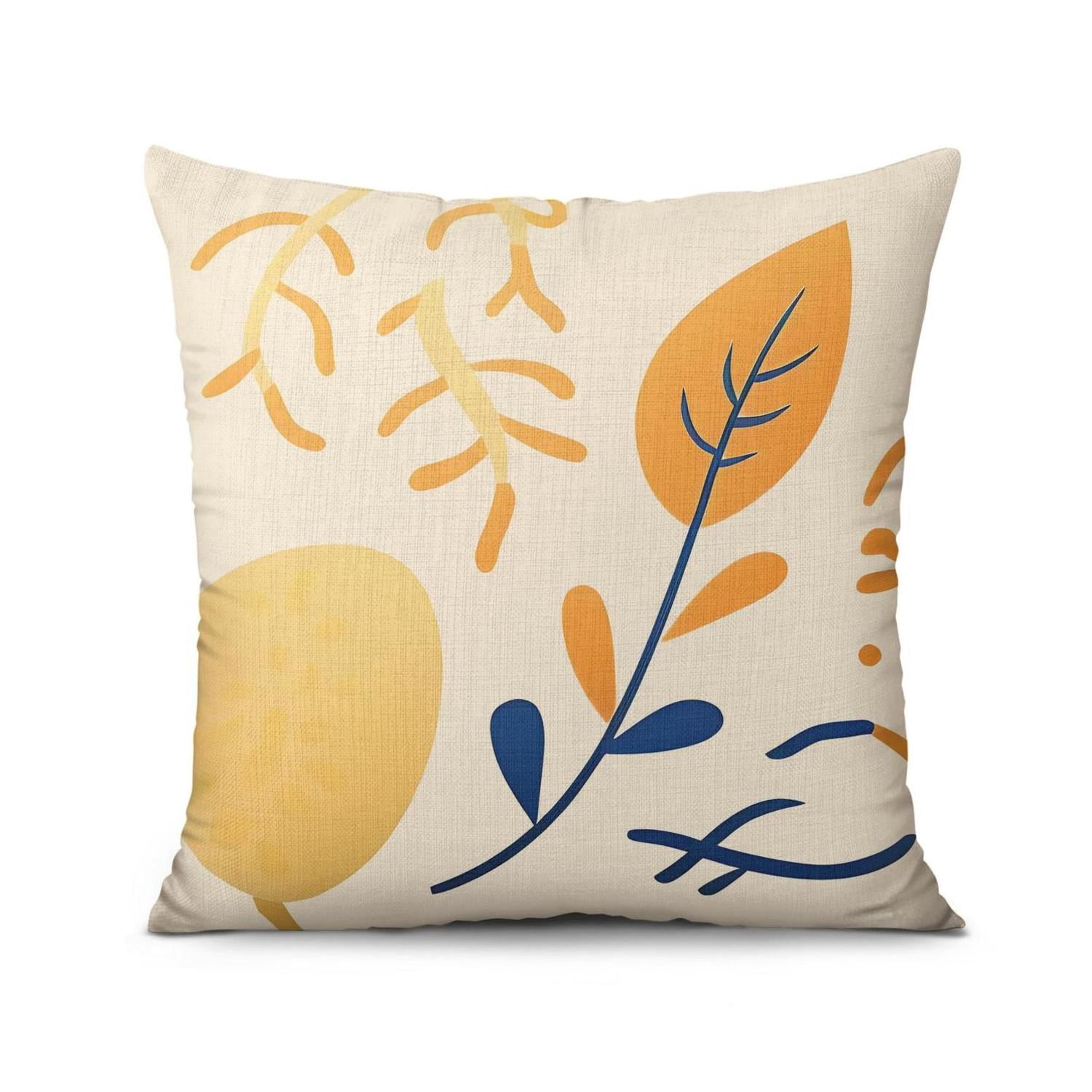 Blue Yellow Leaves Farmhouse Decor Throw Pillow Covers 16 X 16 Inch, Set Of 4, Linen Study Sofa Cushion Cover Indoor Living Room Home Decor