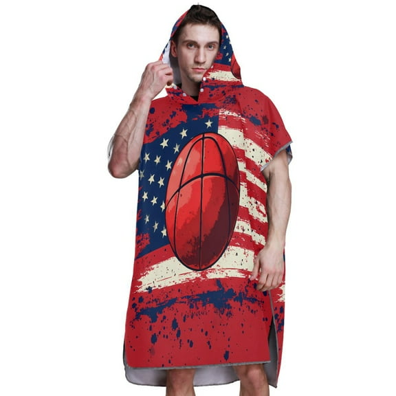 Hooded Beach Towel Adult Bath Poncho Towels Soft Absorbent Quick Dry for Surf Swim Pool Men Women Teens Basketball and American Flag