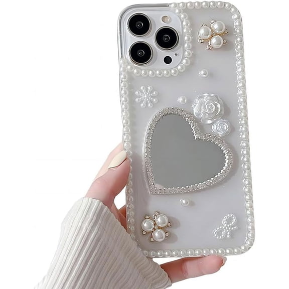 for iPhone Case,3D Flower Floral Glitter Diamond Mirror Makeup Bling Bumper Camera Lens Protection Soft Shockproof Phone Case (White,iPhone 12)