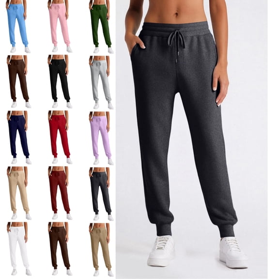 Womens Fleece Lined Joggers Winter High Waisted Warm Cotton Sweatpants Thick Lounge Sweat Pants with Pockets Dark Gray L