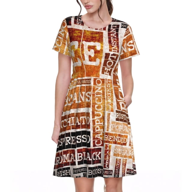 Easygdp Hand Drawn Vintage Coffee para Vestido Transpirable de Mujer, Vestido Suelto de Manga Corta con Pliegues y Bolsillos para el Verano
