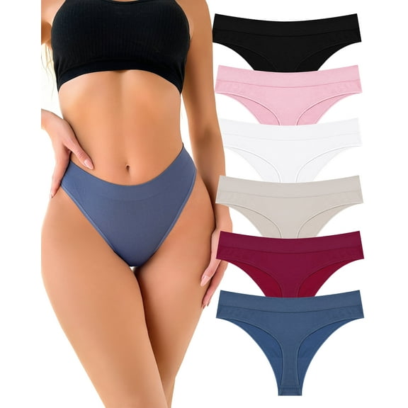Finetoo 6 pack Seamless Thong for Women No Show High Waisted Thong Breathable Tangas Panties M