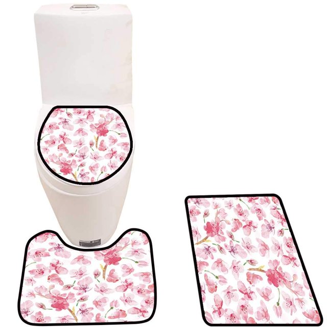 ABPHQTO Textura de flor de Sakura sobre fondo blanco Juego de alfombras de baño de 3 piezas Alfombra de baño Alfombra de contorno y tapa de inodoro