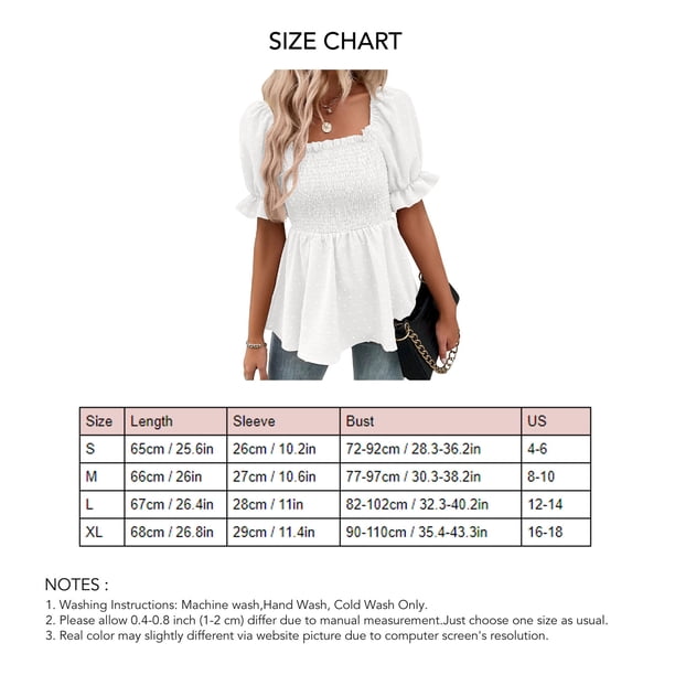 Women Shirred Top Short Puff Sleeves Ruffle Trim Summer Jacquard