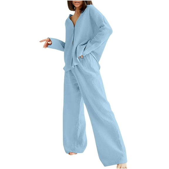 Elainilye Fashion Women Pajama Sets Cotton And Linen Double Layer PJs Loose Homewear Pajamas Long Sleeved Top And Pants Two-piece Set,Blue