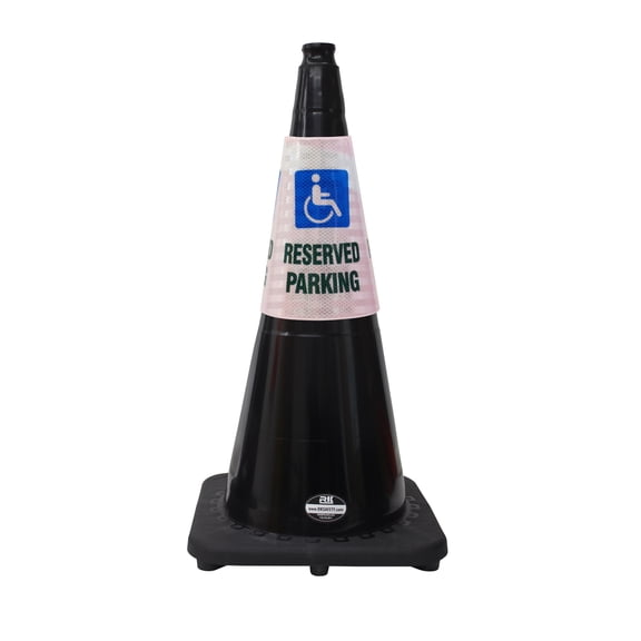 (Set of 16) RK 28" Black Safety Traffic PVC Cones Black Base with"RESERVED PARKING WITH HANDICAPPED" Reflective Message Sleeve (16 Cone, 16 Sleeve)