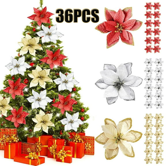 36PCS Christmas Tree Flowers Poinsettia Flowers Glitter Artificial Poinsettia Christmas Tree Ornaments for Wedding Christmas Festival Front Door Decor