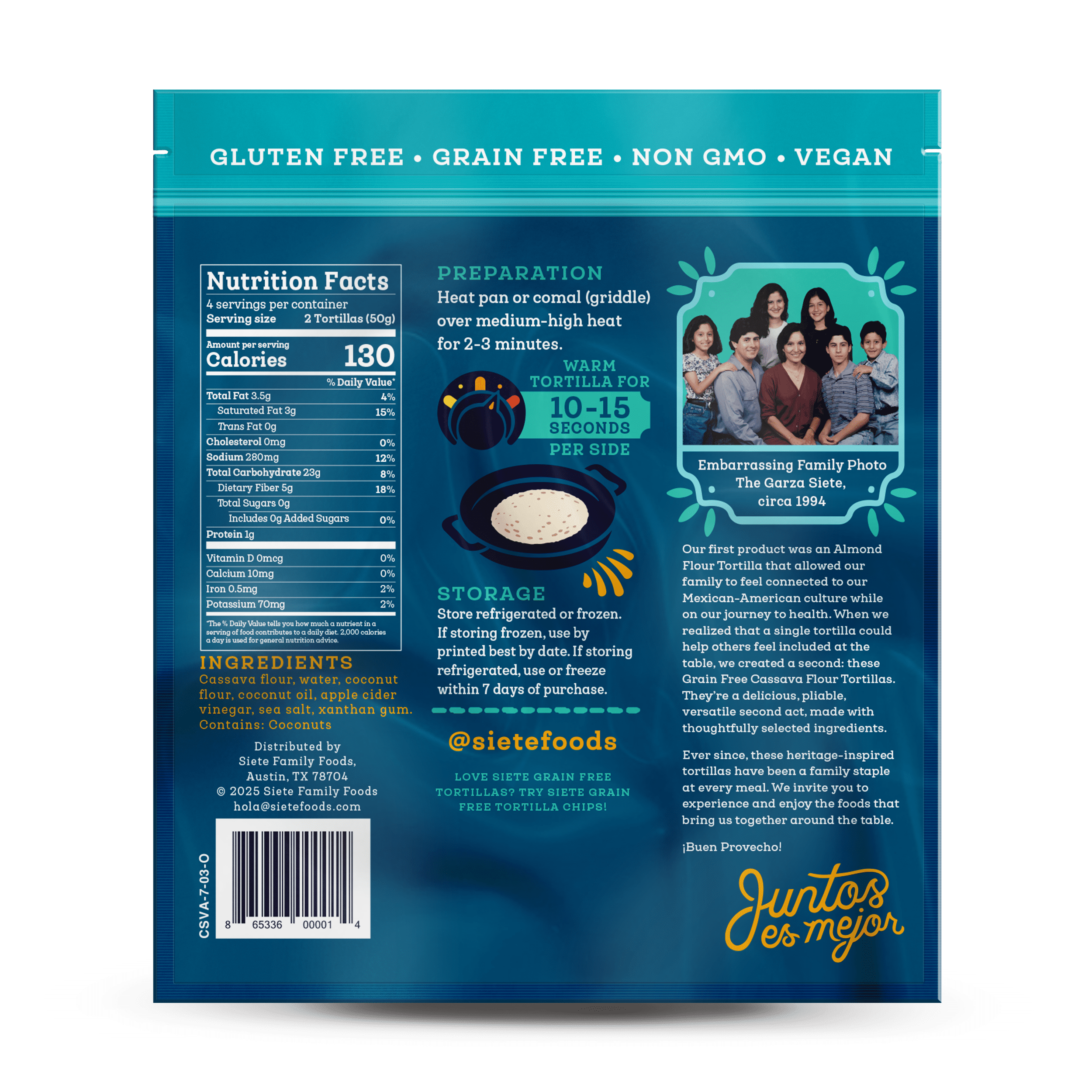 Siete Foods Grain Free Cassava Flour Tortillas, 7oz., 8 Count