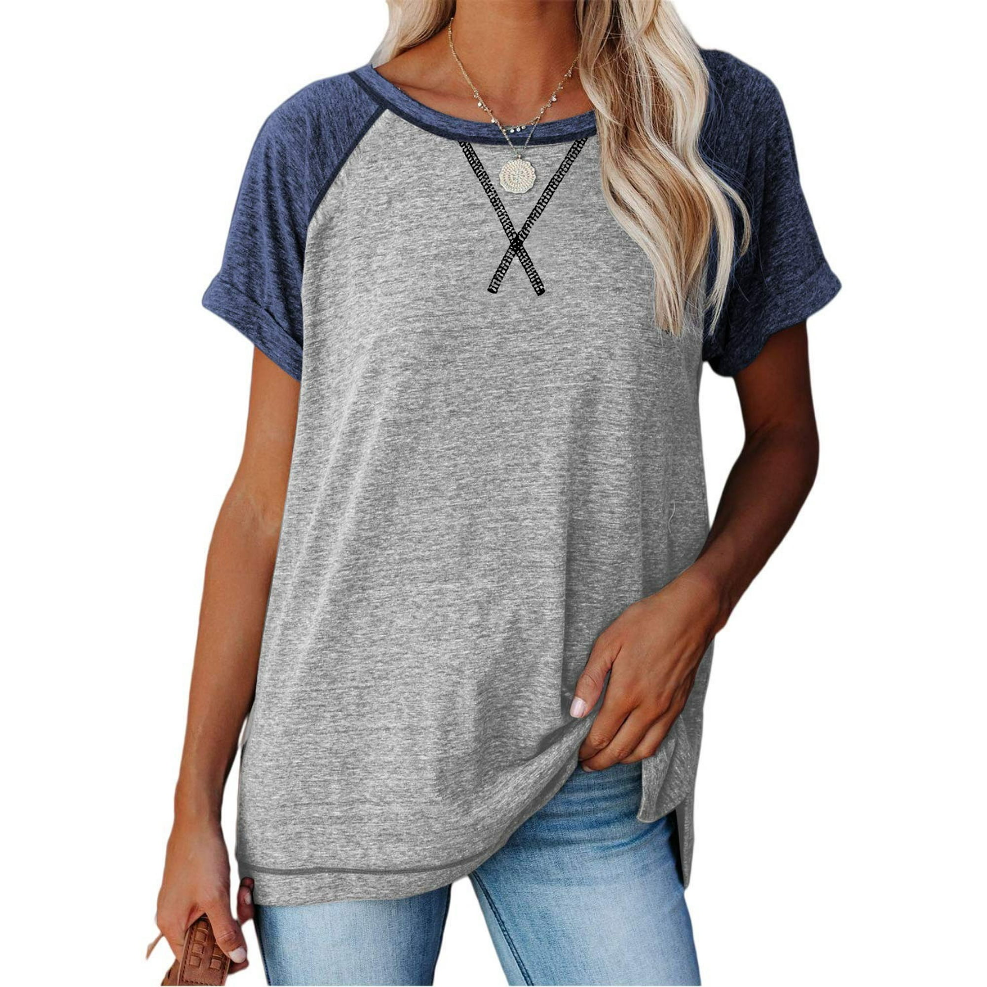 SHIBEVER T Shirts for Women Tops Summer Casual Short Sleeve Tunic Tops for Women Loose Color Block T Shirts Side Slit Crew Neck Lady Tops Blouses Gray XL