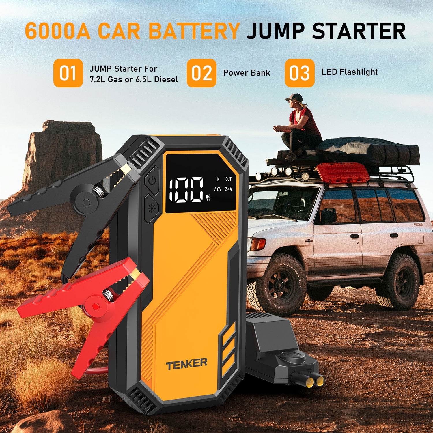 TENKER 6000A Car Battery Jump Starter, Portable Car Jump Starter with USB Quick Charge and DC Output, 12V Jump Pack with Built-in LED Bright Light, LCD Screen, Portable Power Bank Charger, Orange