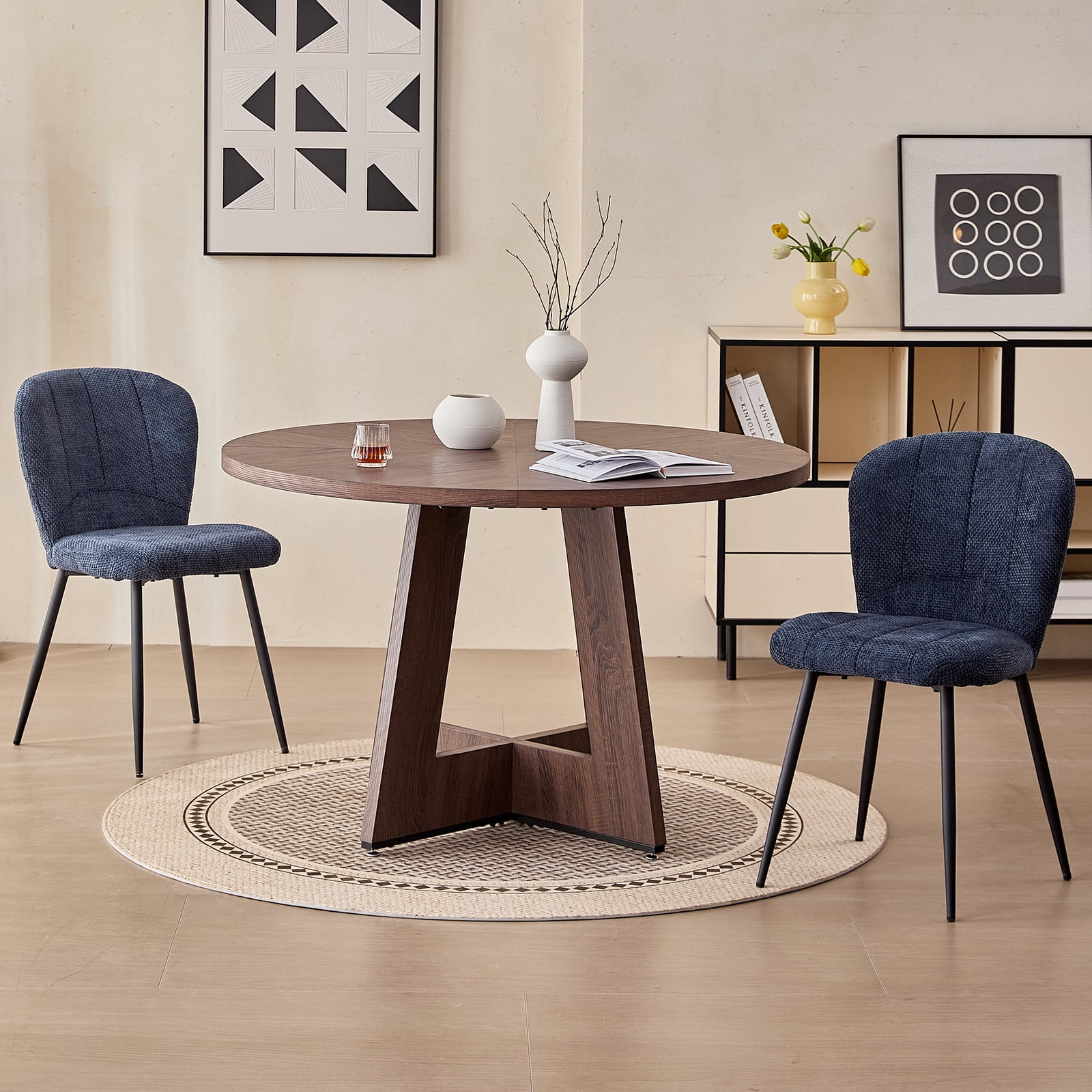 47" Round Dining Table for 4, Fanned Base, 1.38" Thick Top, Farmhouse Wood Kitchen Table for Dining Living Room Home, Walnut Color