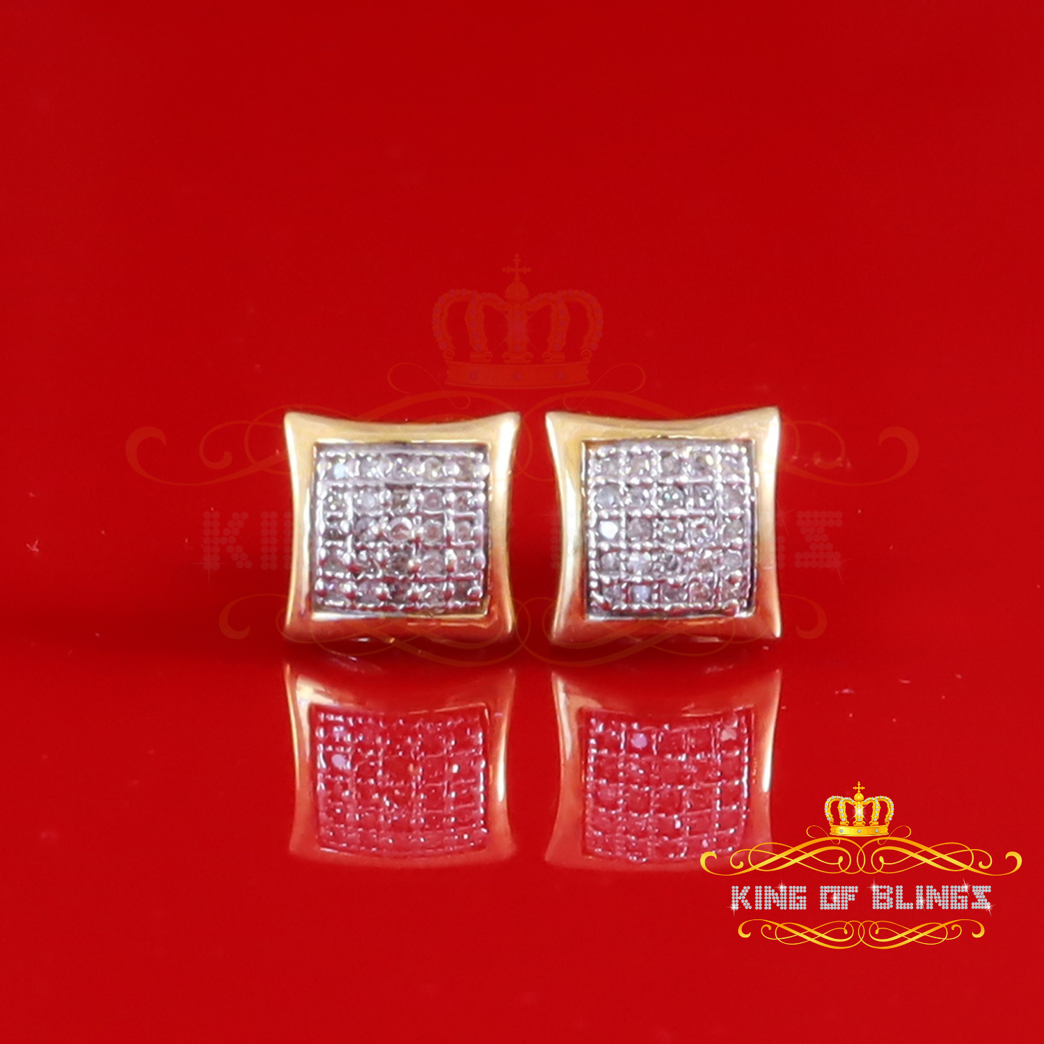 King of Bling's Real 0.15ct Gold Diamond 10K Yellow Square Stud Earrings For Women And Men