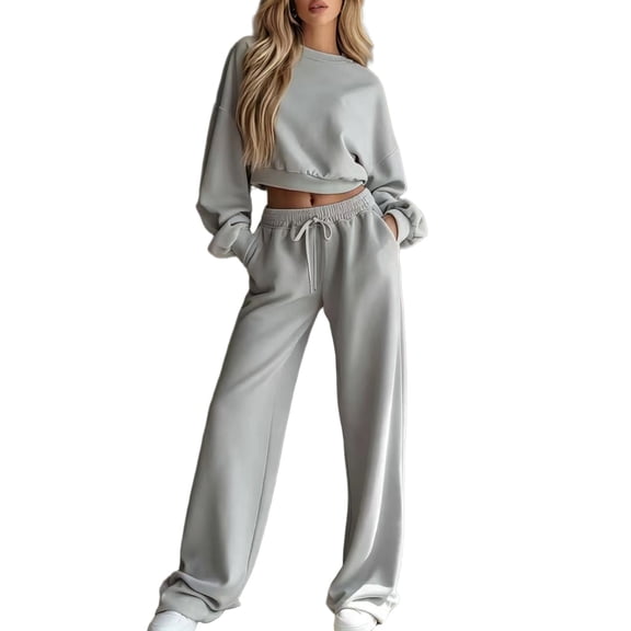Sweatsuits Women 2 Piece Outfit 2026 Solid Drawstring Wide Leg Sweatpants Crew Neck Long Sleeve Cropped Tracksuit