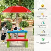Kids Picnic Table, Toddler Picnic Table with Removable & Foldable Umbrella, Plastic Children Patio Furniture for Garden Backyard, Kids Outdoor Table, Red, Blue & Green