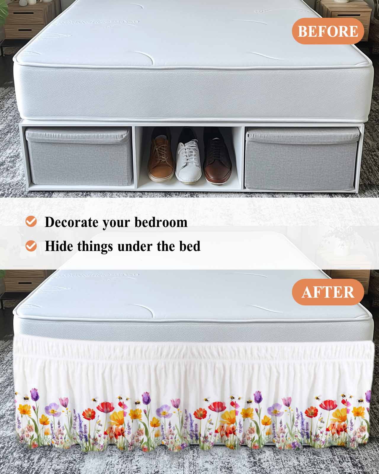 Colorful Flowers Ruffle Bed Skirt Queen Size Spring Floral Adjustable Elastic Dust Bed Skirts Wrap Around Bedskirt Wrinkle Free Easy Fit with 16 Inch Drop