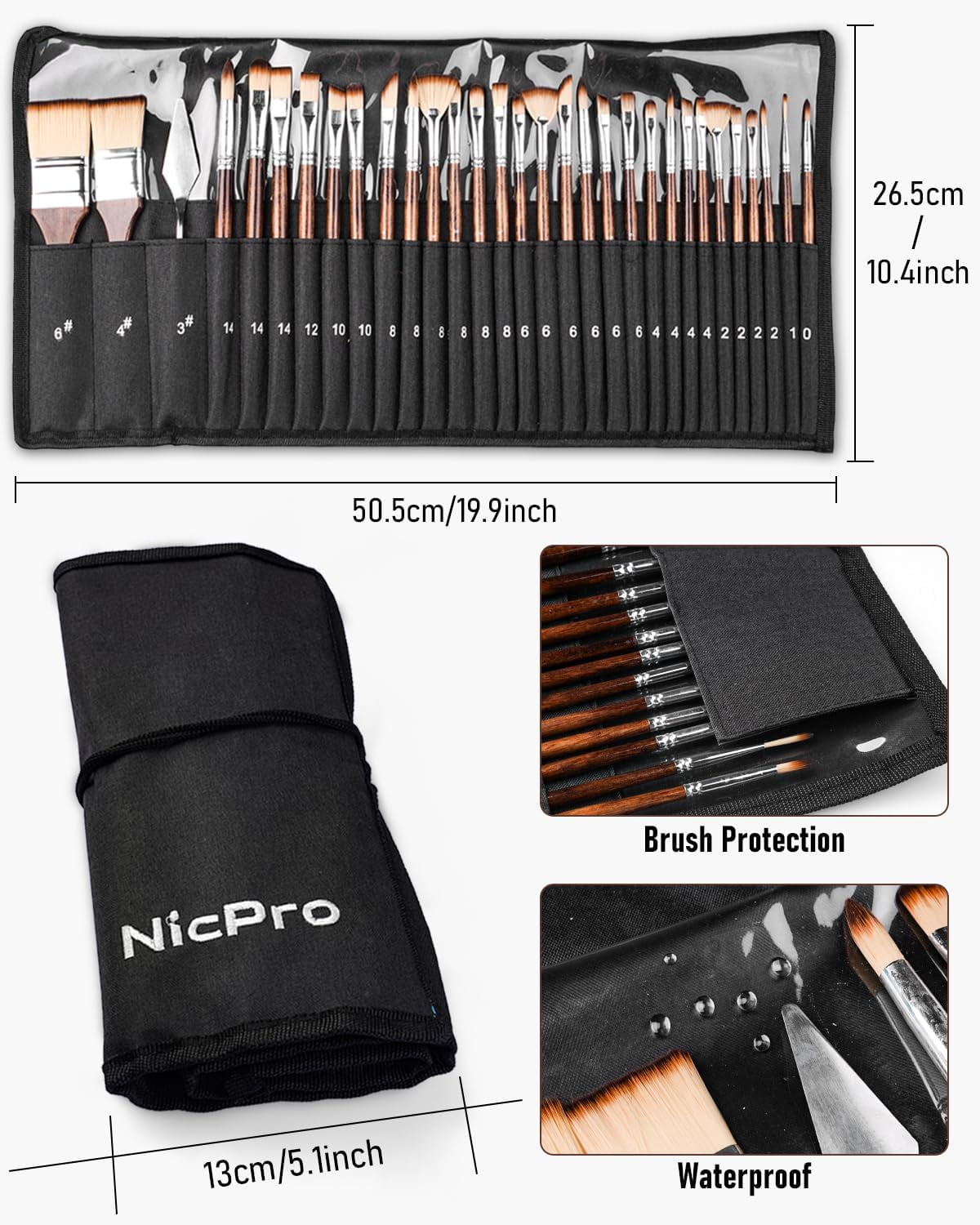 26pcs Paint Brush Set, Professional Paintbrushes with Paint Spatula and Cloth Roll, Craft Paint Brushes for Acrylic Painting, Oil, Watercolor, Gouache, Art Supplies for Artists and Beginners