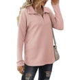 thumbnail image 5 of Women Long Sleeves Knit Top Turn Down Collar Zipper V Neck Loose Type Casual T Shirt Pink XXL, 5 of 7
