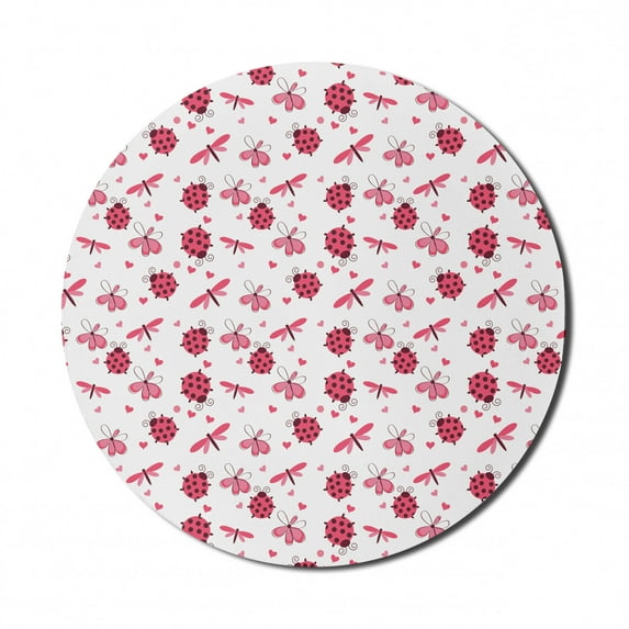Ladybugs Mouse Pad for Computers, Domed Back Round Ladybugs with Hearts Flowers Dragonflies Romantic Wings Pattern, Round Non-Slip Thick Rubber Modern Mousepad, 8" Round, Red White, by Ambesonne