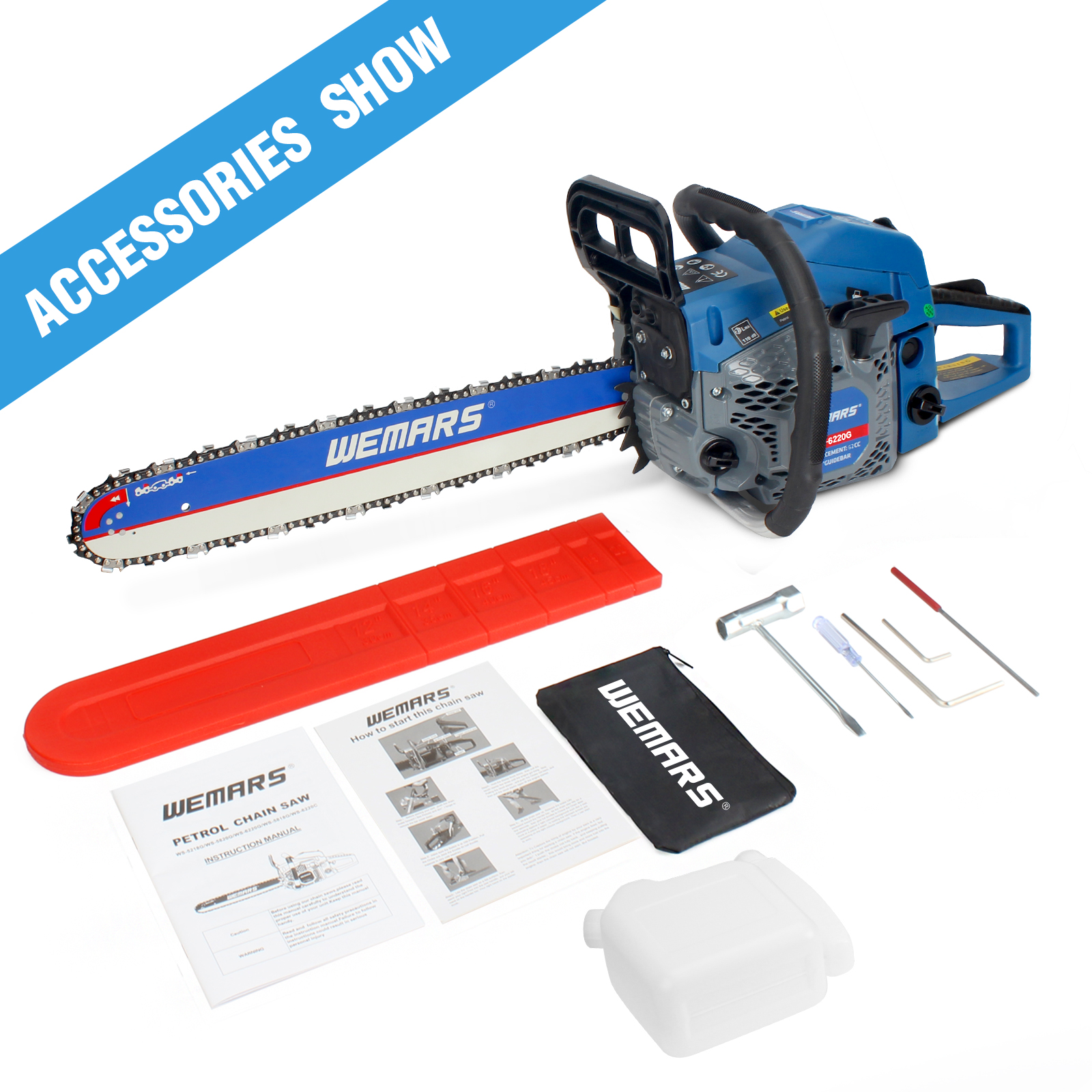 WEMARS 20" 62cc 2-Cycle Gas Powered Handheld Chainsaw