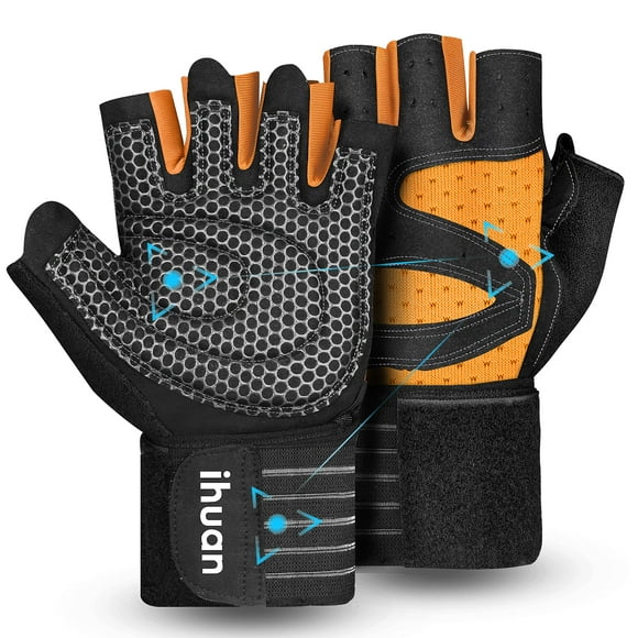 ihuan Ventilated Weight Lifting Gym Workout Gloves with Wrist Wrap Support for Men & Women, Full Palm Protection, for Weightlifting, Training, Climbing, Fitness, Hanging, Pull ups (Orange, X