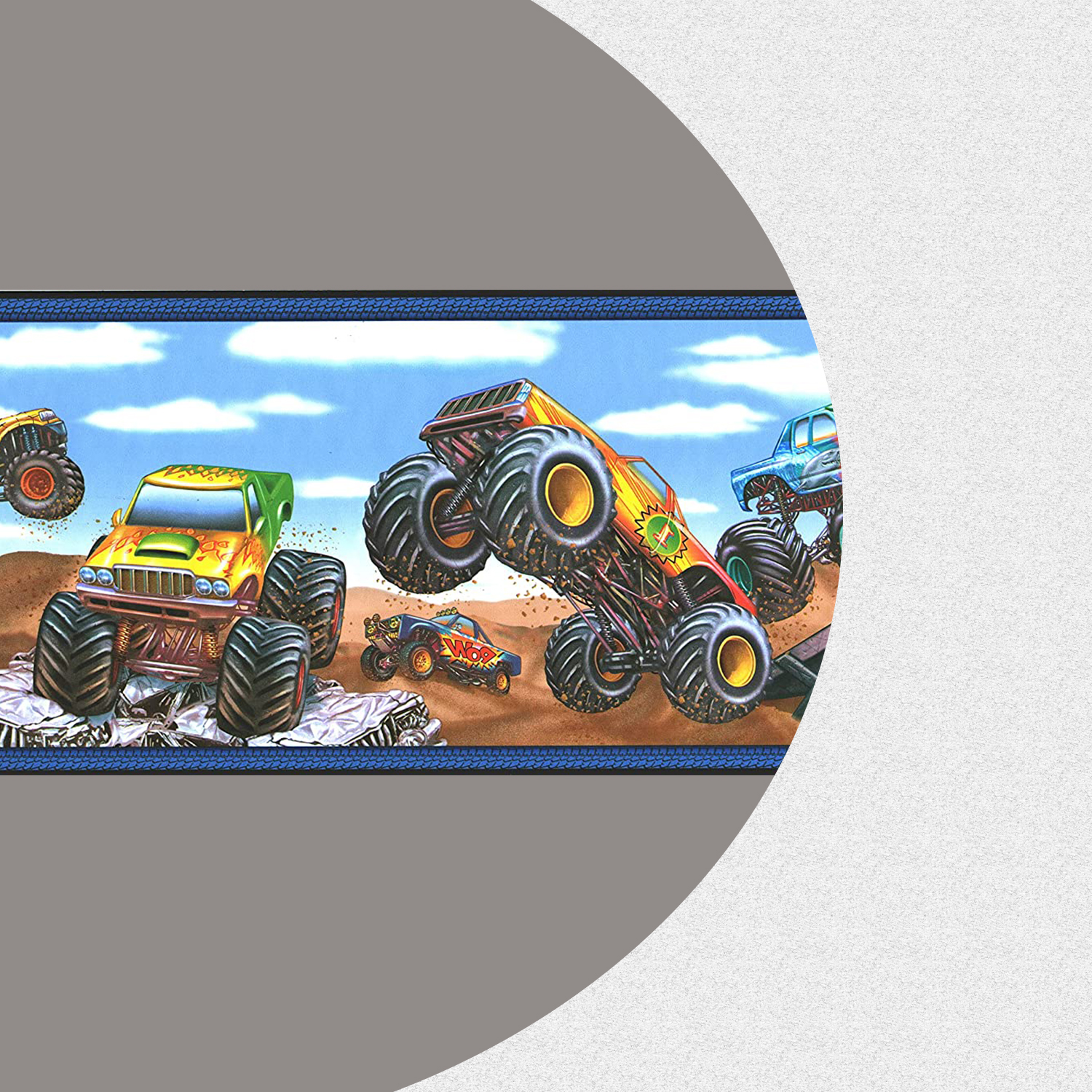 Wallpaper Border Cars Pattern Monster Trucks Wheels Sky Clouds for Boy