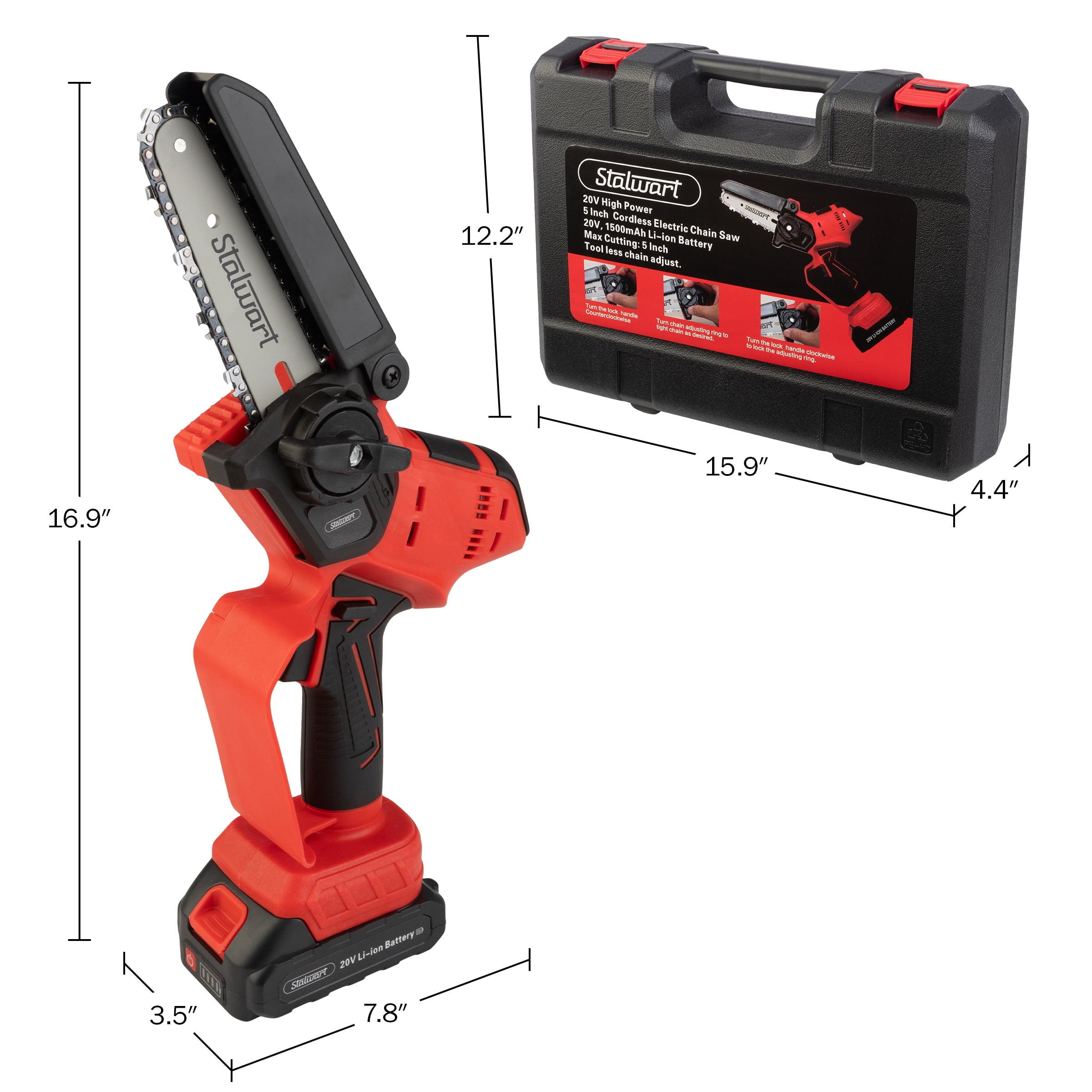 Stalwart 5-Inch Mini Chainsaw with 20V 1500mah Lithium Ion Battery (Red)