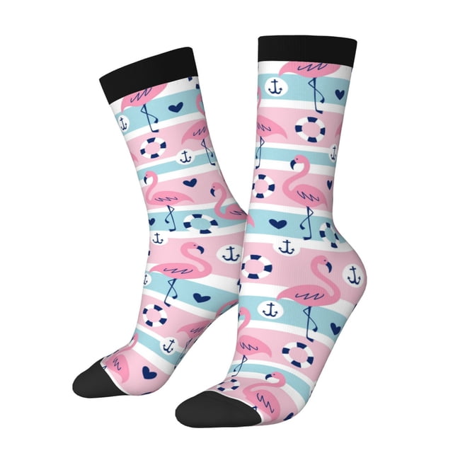 Wukai Pink Striped Flamingo Print Contrast Color Mid-tube Socks, 3D Printing Design Adult Socks, High Elastic Breathable Sports Socks, Suitable for Daily,Unisex
