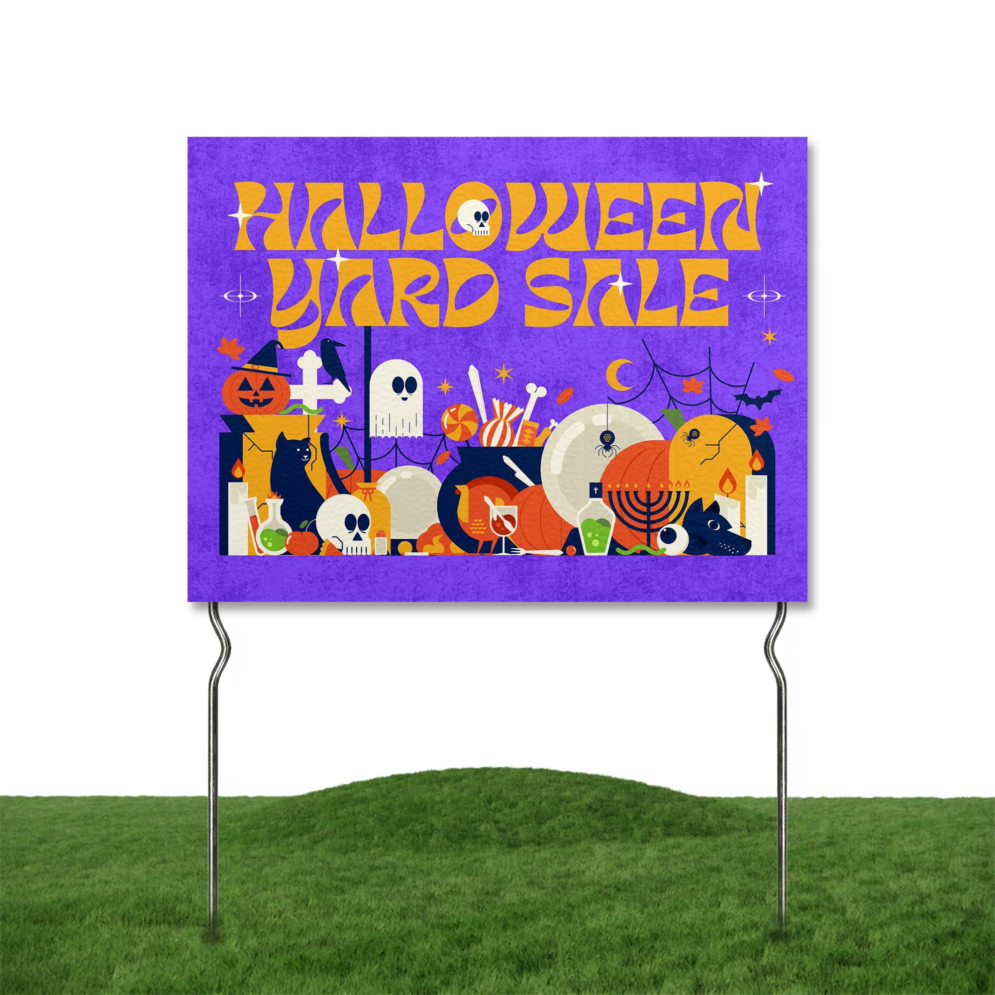 Halloween Yard Sele Yard Sign by DC | 24 x18 Double Sided Yard Sele Garden Sign with 13” Metal Stakes | Outdoor Signs Waterproof for Lawn Patio Sidewalk & House | Set of 4 | Made in USA