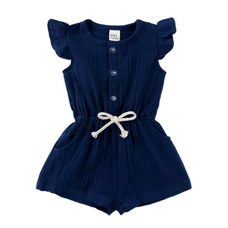 

Esaierr Little Girl Jumpsuit with Flying Sleeves Solid Color Front Button Closing Strap Short with Pocket for Toddlers 9Months -5Years