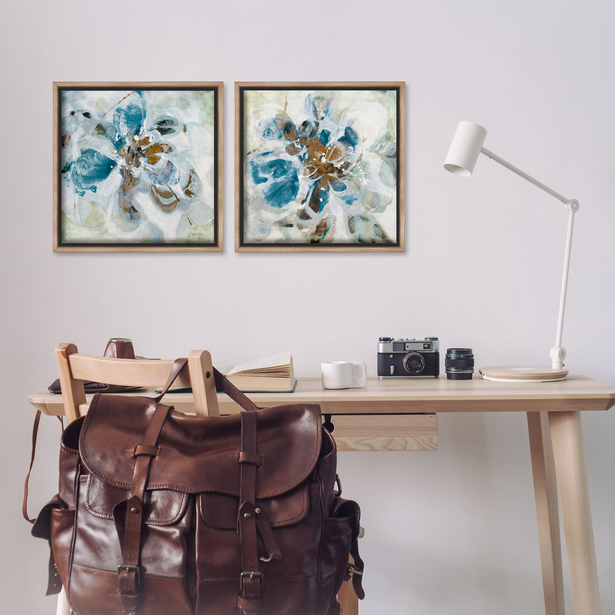 Stupell Industries Teal Abstract Flower Petals Abstract Painting Brown Floater Framed Canvas Art Print Wall Art, 18 x 18, Set of 2