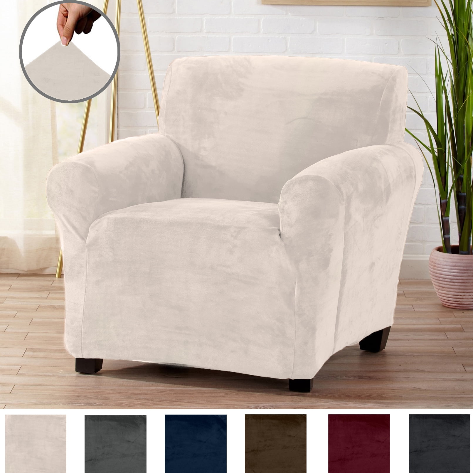 Great Bay Home 1Piece Velvet Plush Solid Armchair Stretch Slipcover, Off White