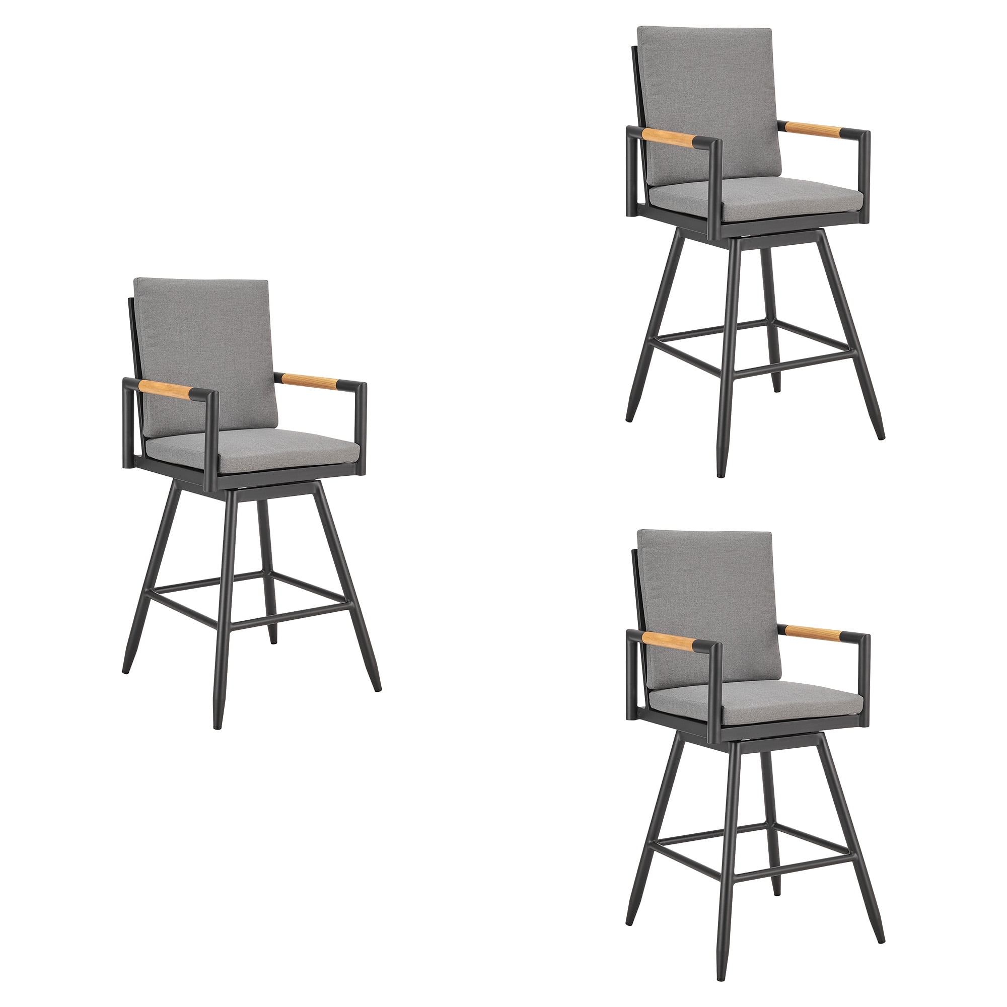 Crown Outdoor Patio Swivel Bar Stool in Black Aluminum with Wood Accent and Dark Gray Cushions - Set of 3