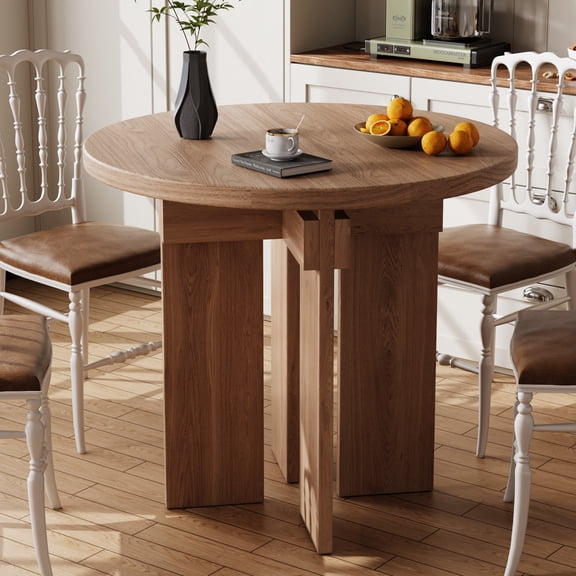 Rophefx 35.4" Modern Round Dining Table for 4, Solid Wood Kitchen Table for Dining Room, Walnut