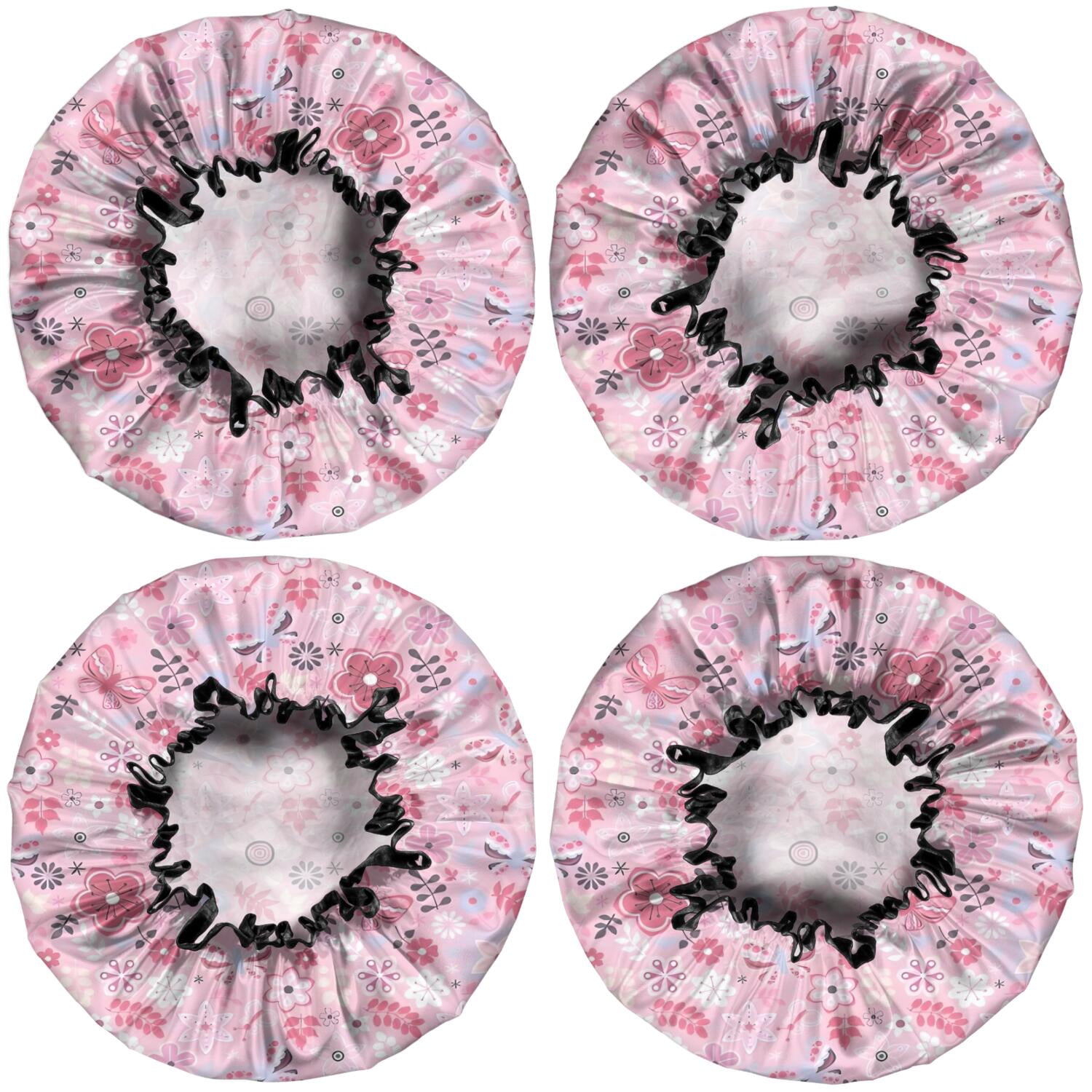 Shower Caps,Pioneer Flower Floral Print Pattern Waterproof Shower Cap for Women 4 Pieces,Double Reusable Hair Cover for Shower PEVA Elastic Stretch Hem