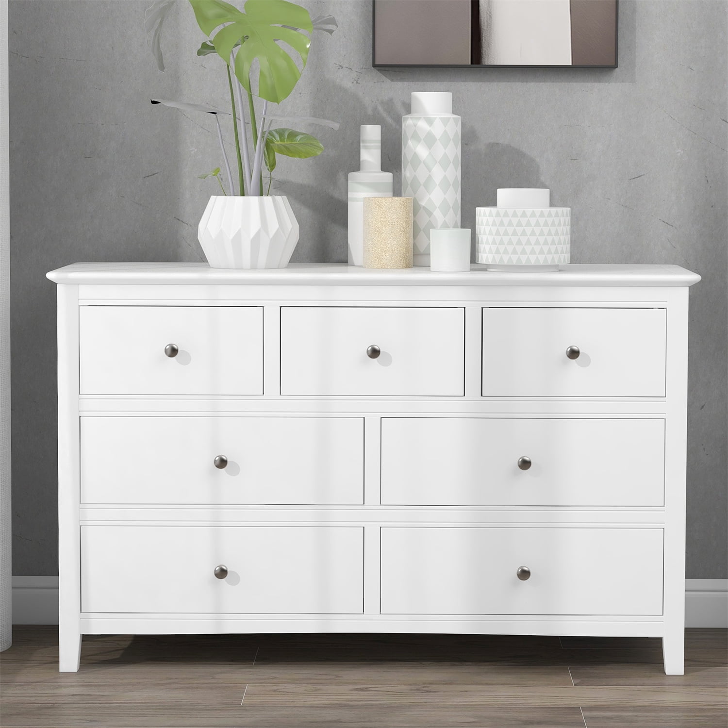 White Dresser With 7 Drawers, Wide Chest Of Drawers, Storage Sideboard