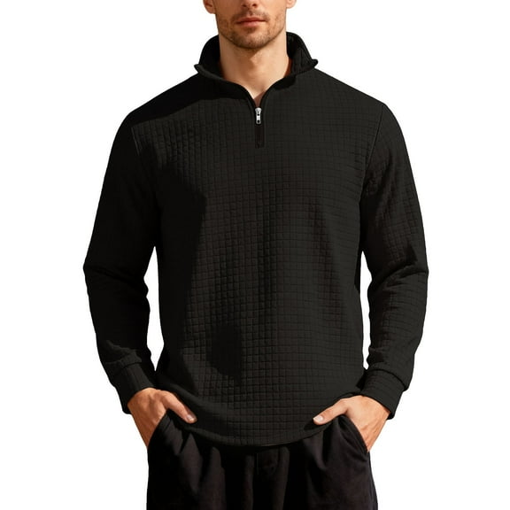 XIAONU Men's Waffle-Knit Jacquard Sweatshirt Half-Zip Stand Collar Top Casual Pullover Business Work Sweatshirts Black M