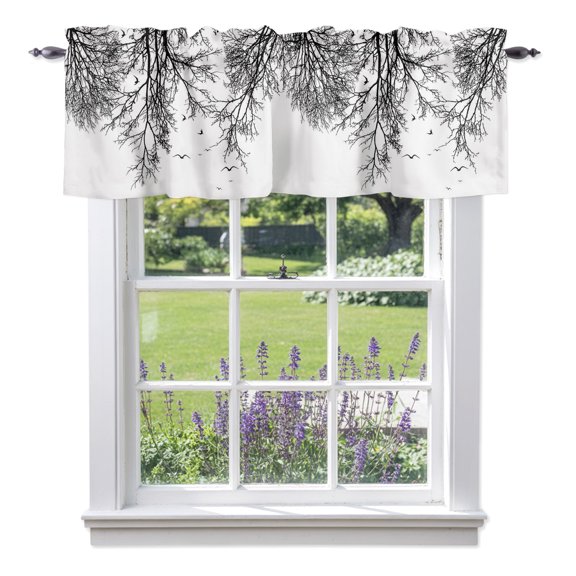 Dead Tree Branches Birds Valances for Windows,Kitchen Valance Rod Pocket Short Curtain, Black White Plants Valance Curtain Window Valances for Bedroom Bathroom Living Room