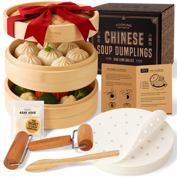 Ensemble-cadeau de Cuisine Co. Panier Vapeur en Bambou pour Soupe et Dumplings - Cuiseur Vapeur à Dumplings à 2 Niveaux de 8 Pouces pour la Cuisson avec Agar Agar, Rouleau,