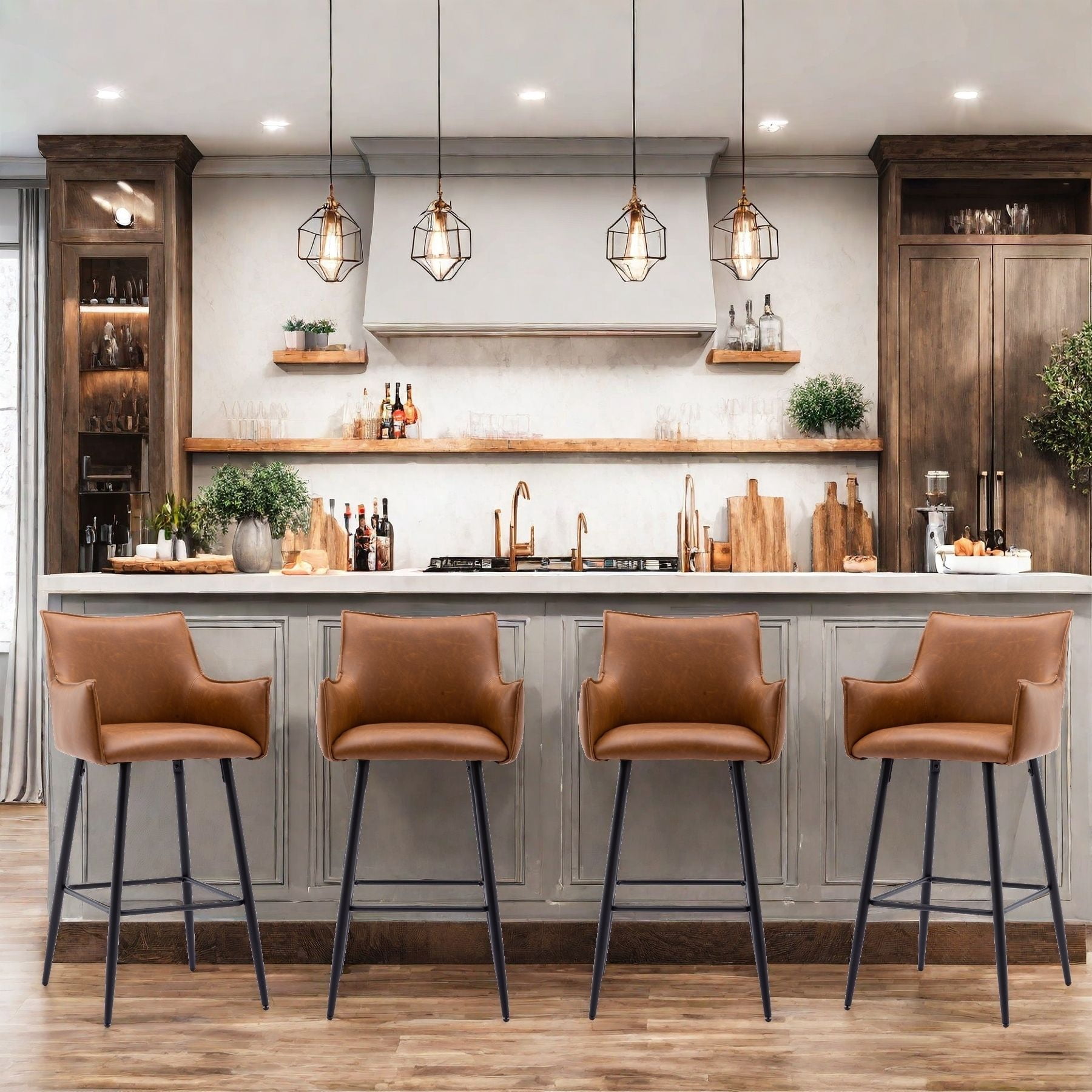 Dayalane 30" Bar Stools Set of 2, Modern Faux Leather Upholstered Barstools with Back and Footrest, Kitchen Island Bar Stools with Armrests for Pub Home Bar Dining Room Bistro, Brown