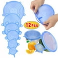 thumbnail image 2 of Tapas elásticas de silicona reutilizables para ollas y recipientes, 6 o 12 unidades, para mantener la comida fresca, envoltura elástica, utensilios de cocina, 12 unidades cuadradas azules, 2 of 6
