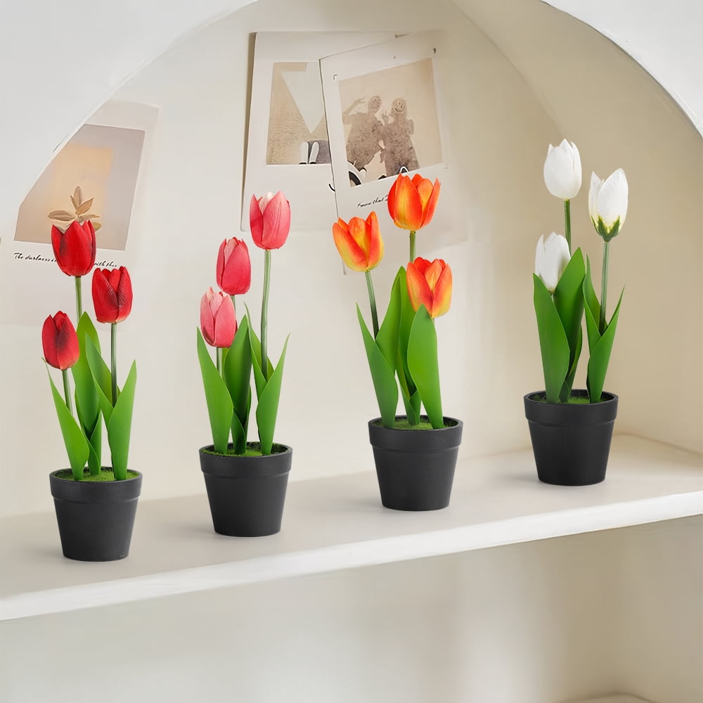 4-pcs Faux Tulip Decoration with Clay Plastic Pot 11.2 Inch Small Tulip Center Ornament Fake Potted Flowers Suitable for Shelf Tables Centerpiece Wedding Home Decoration