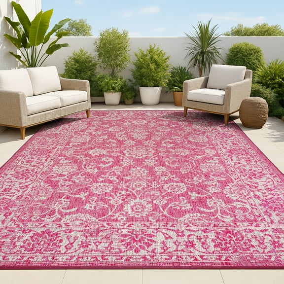 JONATHAN Y SANTA MONICA 5 x 8 Area Rug, Tela Bohemian Textured Weave Floral - Fuchsia/Light Gray, SMB100G-5