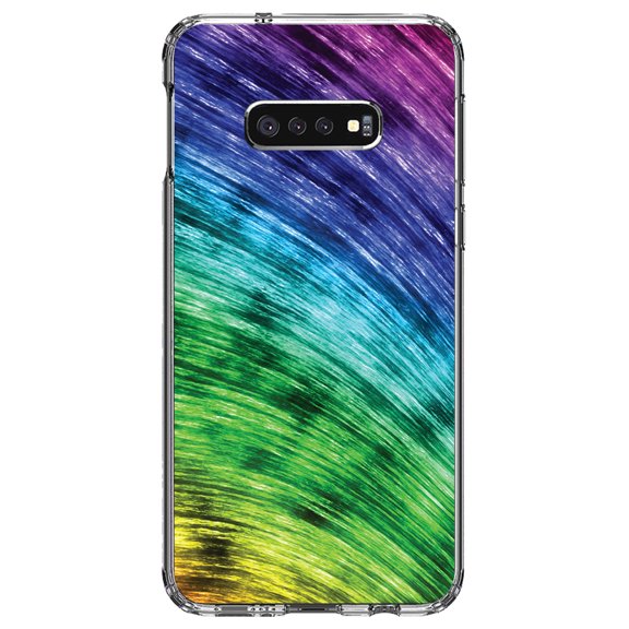 DistinctInk Clear Shockproof Hybrid Case for Samsung Galaxy S10e (5.8" Screen) - TPU Bumper, Acrylic Back, Tempered Glass Screen Protector - Rainbow Shimmering Curve