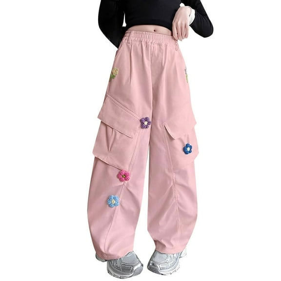 Otqutp Wide Leg Cargo Pants for Teen Girls Cute 3D Flower Elastic Waist Hiking Jogger Pants Baggy Sweatpants with Pockets