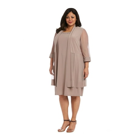 Shift Dress with Sparkling Neckline and Soft Jacket with Sheer Sleeves - Plus
