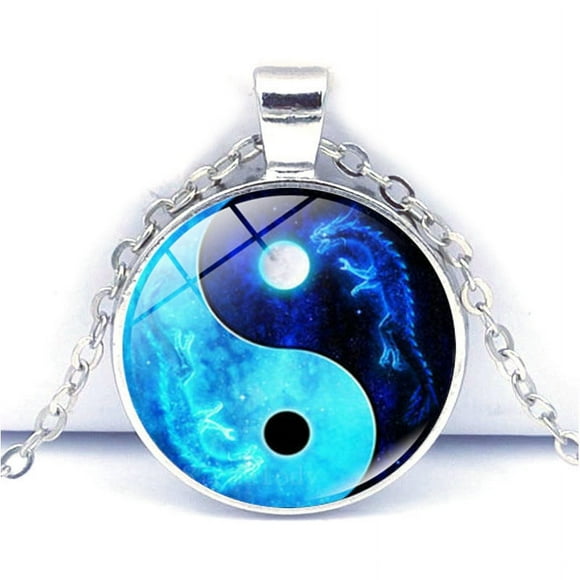 Cabochon Silver Glass Necklace Pendant Dragon Moon yin yang Jewelry