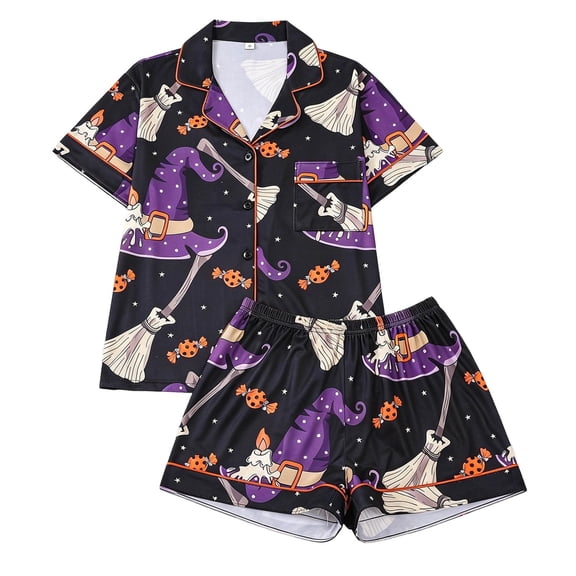 MEZZALL Women Halloween Pajama Set Lapel Collar Button Down Short Sleeve Top Elastic Waist Shorts Loungewear Set Witch Hat Print Sleepwear For Party Home Sleeping Relaxed Fit 2 Piece Pjs