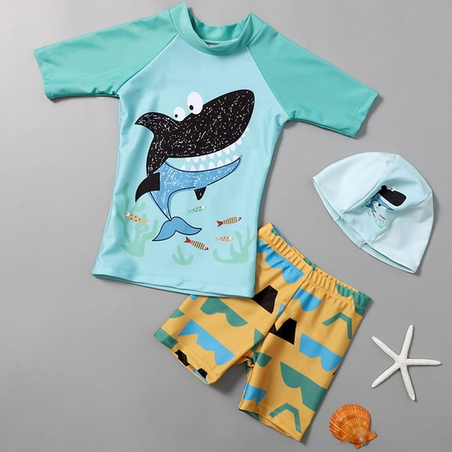 Traje de baño de dos piezas CUHK para niños, traje de baño estampado de manga corta + bañador + gorro. Traje de baño de tres piezas para niño, traje de baño de poliéster.